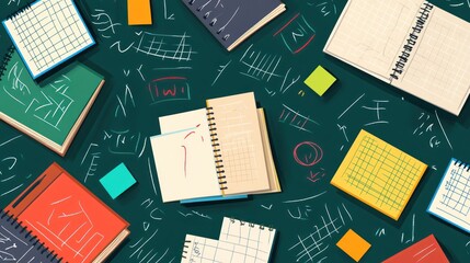 Colorful notebooks and papers scattered on a chalkboard, filled with various notes and equations