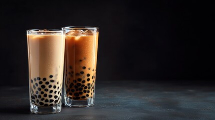 Two Glasses of Iced Boba Tea with Tapioca Pearls on Black Background with Copy Space