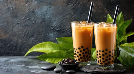 Two Glasses of Iced Boba Tea with Tapioca Pearls on Black Background with Copy Space