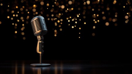 Vintage Retro Microphone on Stand with Golden Bokeh Lights and Cinematic Studio Spotlight