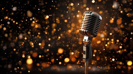 Vintage Retro Microphone on Stand with Golden Bokeh Lights and Cinematic Studio Spotlight