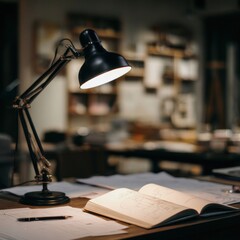 A focused atmosphere with tools on an architect's desk.