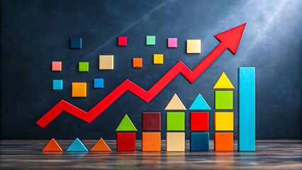 Colorful geometric blocks with upward red arrow representing growth and business success
