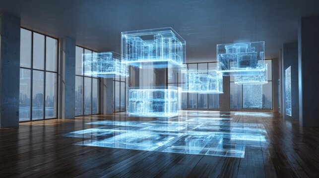 Floating digital architecture in a modern space