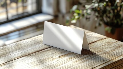Folded White Card on a Textured Wooden Table with Bright Sunlight and Leafy Background