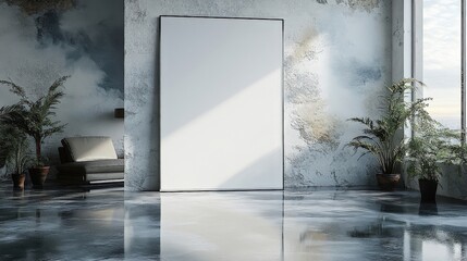 Blank Poster Mockup Leaning Against Weathered Concrete Wall with Plants and Reflections