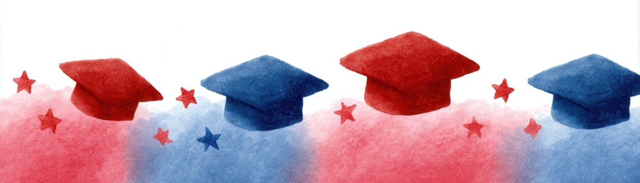 Graduation cap with red and blue with stars to celebrate education. Celebrate achievement in academic