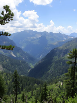 Mountain tops arise from lush valleys.
