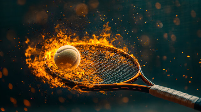 A tennis racket with a flaming ball in mid-air, showcasing dynamic motion against a blurred background