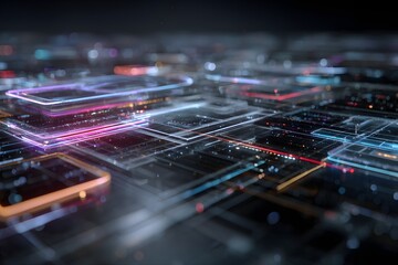 Dynamic Abstract Digital Network with Vibrant Neon Light Trails and Bokeh