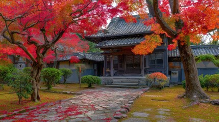 Edo-era Japanese temple surrounded by vivid red and orange maple trees in Kyoto’s Higashiyama area, showcasing colorful autumn foliage peaceful seasonal atmosphere under clear high-definition lighting
