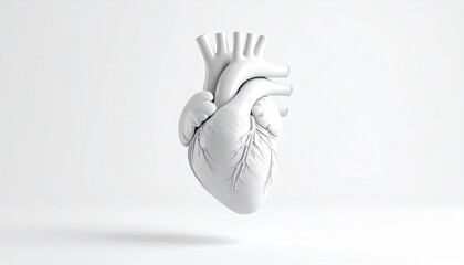 Anatomical heart model in white, floating against a white background, showcasing its intricate structure.