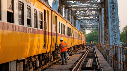 Group of engineers in safety gear work on yellow train on steel bridge during sunset
