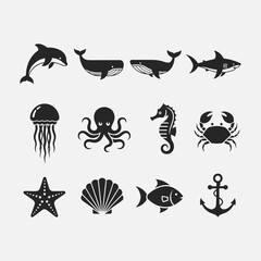A collection of black and white Marine life and sea creatures icons
