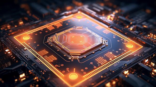 Futuristic video of glowing microprocessor circuit with dynamic orange lights and advanced electronic board design