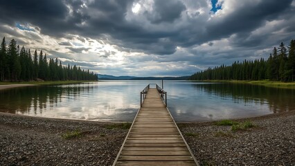 Fototapeta premium Wooden dock leads to a vast lake under dramatic stormy skies