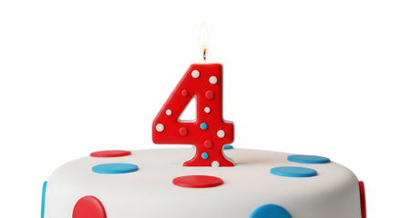 Red polka dot number four candle on cake isolated on a transparent background