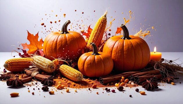 An autumnal still life of pumpkins, cinnamon sticks, dried corn, and flickering candl 