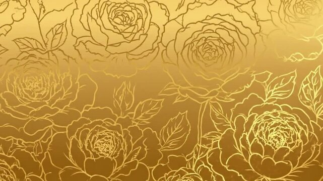 Golden background featuring outlined rose floral design in varying sizes and positions