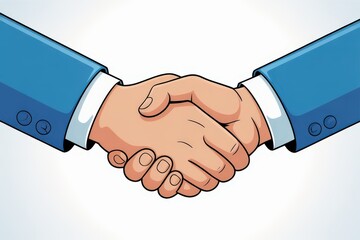 Two business professionals in blue suits shaking hands in agreement and partnership
