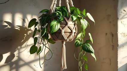 Lush green hanging plant in a macrame planter with sunlight shadows