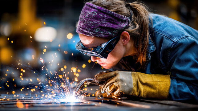 Female welder in protective gear welding steel, showcasing empowerment in workshop with glowing arc