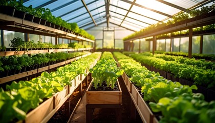 Sunlight streams into a greenhouse filled with rows of young plants