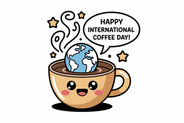 Happy International Coffee Day poster with cute coffee cup and earth, greeting card, vector design illustration