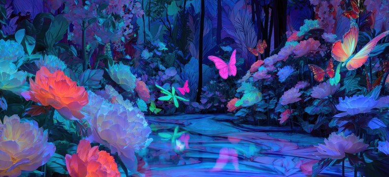 Vibrant, glowing garden scene with colorful flowers, butterflies, and a stream