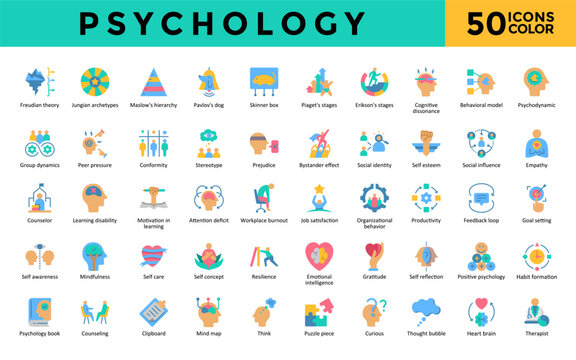 Psychology icons set with freudian theory, jungian archetypes, maslow's hierarchy, pavlov's dog, skinner box, piaget's stages, erikson's stages, cognitive dissonance icon. Simple flat, color vector 
