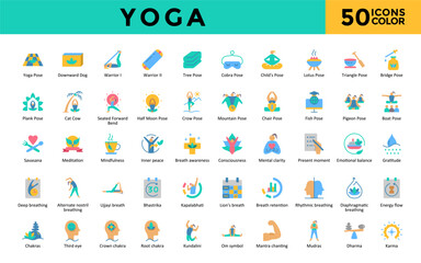 Yoga icons set with yoga mat, yoga block, yoga strap, bolster, blanket, eye pillow, meditation cushion, incense, singing bowl, essential oils icon. Simple flat color vector 
