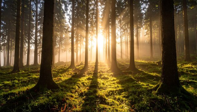 Sunlight streams through a misty forest (1)