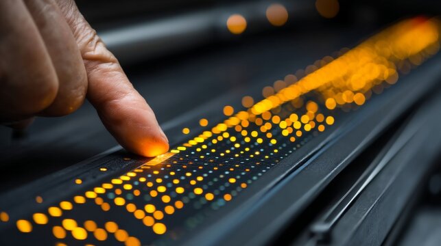 A human finger presses on a surface with glowing orange dots in a grid pattern,