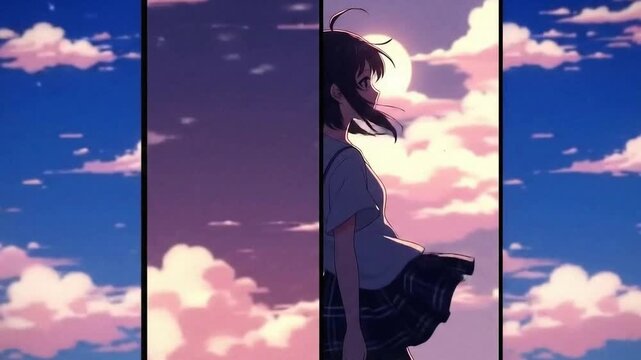 A nostalgic anime schoolgirl stands in the wind against a dreamy pink cloud sunset in a multi panel animation.