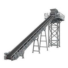 An industrial conveyor belt system stands isolated on transparent background, showcasing modern manufacturing technology