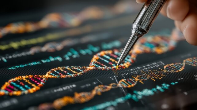 A close-up view of digital artwork showcasing DNA strands being edited or annotated for genetic research,