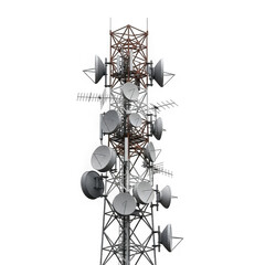 A tall telecommunication tower with multiple antennas and dishes stands isolated on transparent background, ensuring reliable wireless communication
