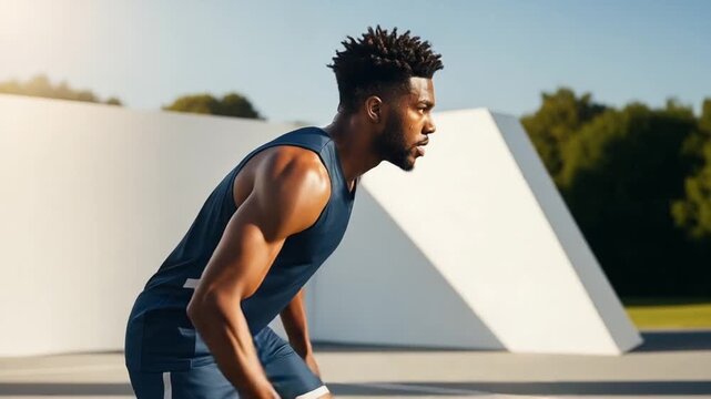 African American Athlete Dribbling Basketball Outdoors During Daytime Practice on Concrete Court with Blue Sportswear