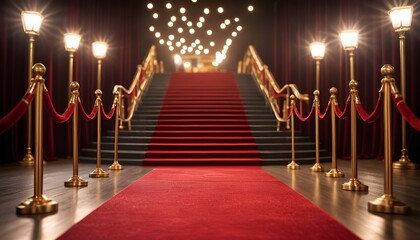 Opulent red carpet staircase lined with golden stanchions under soft, inviting overhead lighting