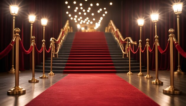 Opulent red carpet staircase lined with golden stanchions under soft, inviting overhead lighting - Powered by Adobe