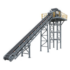 An industrial conveyor belt system is isolated on transparent background, used for automated transport in a factory or plant