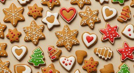 Festive assortment of gingerbread cookies decorated with white and red icing scattered on surface.
