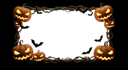 Spooky Halloween border with glowing pumpkins and bats against a dark background for decorations.