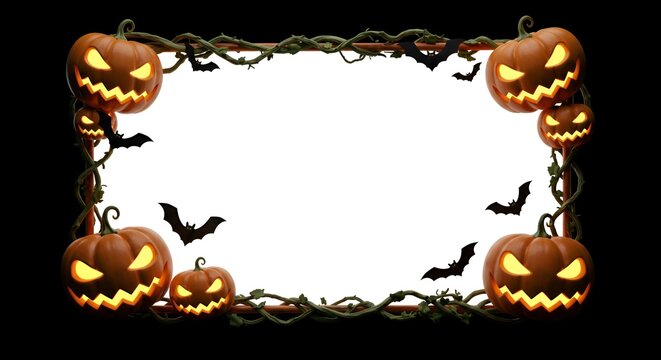Spooky Halloween border with glowing pumpkins and bats against a dark background for decorations.