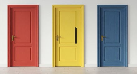 Three vibrant doors, red, yellow, and blue, stand side-by-side offering choice and opportunity.