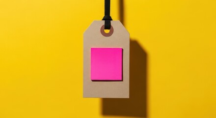 Photo of a blank cardboard price tag with a bright pink sticky note attached, hanging against a vibrant yellow background