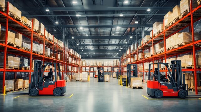 Large modern industrial warehouse interior with forklift moving pallets, featuring tall storage racks, organized shelving, and bright overhead lighting for logistics, shipping, and distribution operat