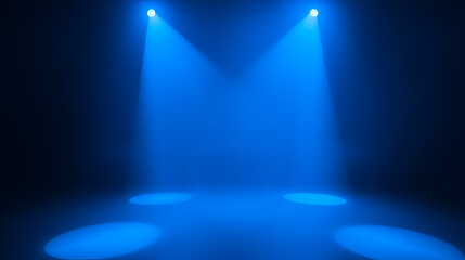 Blue spotlights casting an ethereal glow on a dark and empty space, space, dreamy, blue light