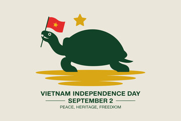 Vietnam Independence Day poster with turtle and flag, September 2, peaceful heritage, freedom, vector greeting card