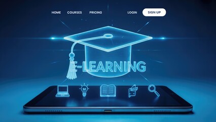 E-Learning concept with graduation cap and tablet representing online education access